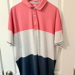 PUMA Men's Coral and Navy Striped Polo Shirt